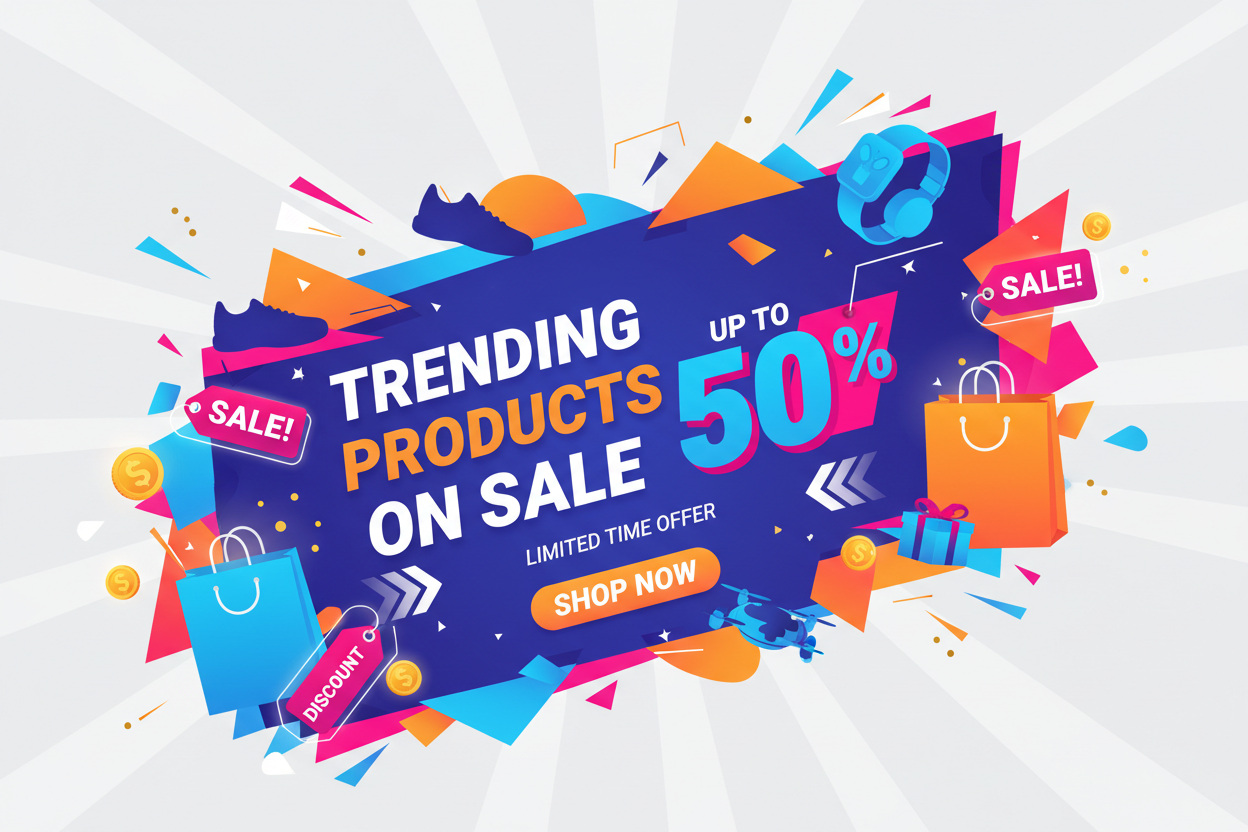 make a catchy image for the banner to communicate about i have trending products at sale and good discounts